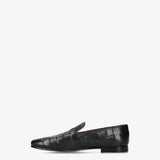 Black Leather Loafers with a Woven Design