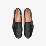 Black Leather Loafers with a Woven Design