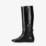 Black Leather Flat Boot M7215A