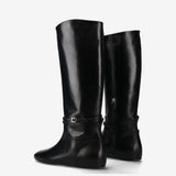 Black Leather Flat Boot M7215A