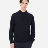 Wool and silk long sleeve polo shirt blue