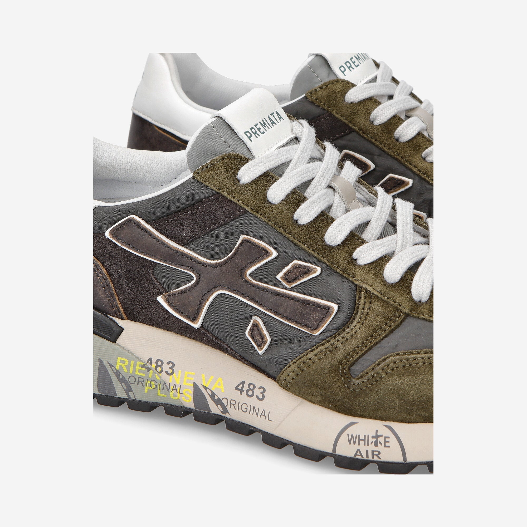 Mick Premiata Men s Urban Dark Gray Nylon and Olive Suede Sneaker
